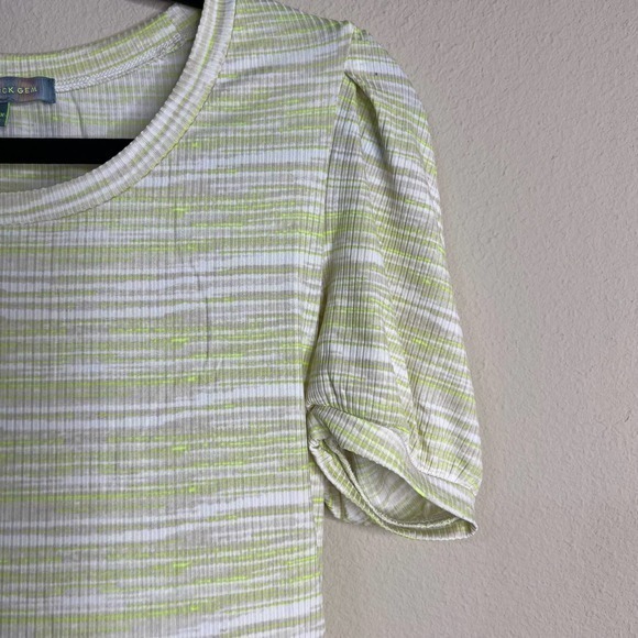 Good Luck Gem Striped Puff Sleeve Top Ribbed Knit Tee Chartreuse White M - Picture 5 of 10